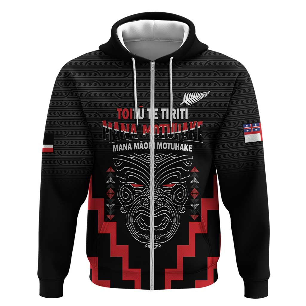 Personalised Toitu Te Tiriti Mana Maori Motuhake Zip Hoodie Aotearoa Haka Face Mix Poutama Art LT14 Zip Hoodie Black - Polynesian Pride