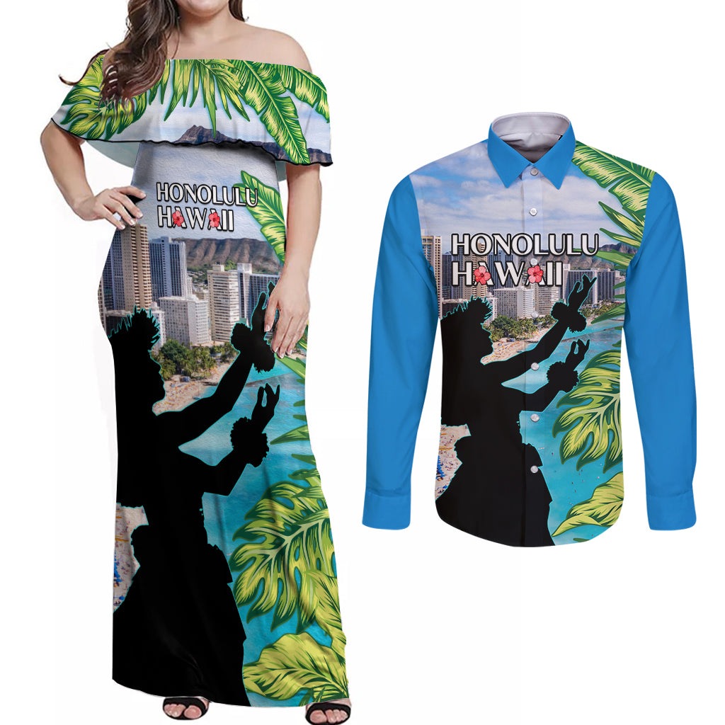 Personalised Honolulu Aloha Hawaii Couples Matching Off Shoulder Maxi Dress and Long Sleeve Button Shirt Tropical Leaves With Hula Girl LT14 Blue - Polynesian Pride