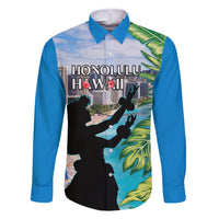 Personalised Honolulu Aloha Hawaii Family Matching Mermaid Dress and Hawaiian Shirt Tropical Leaves With Hula Girl LT14 Dad's Shirt - Long Sleeve Blue - Polynesian Pride