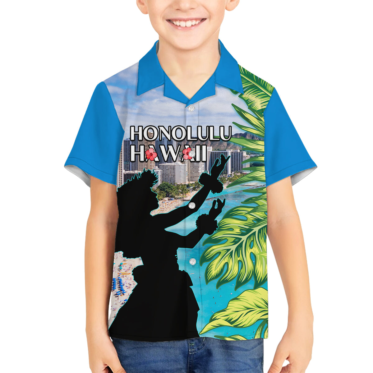 Personalised Honolulu Aloha Hawaii Family Matching Tank Maxi Dress and Hawaiian Shirt Tropical Leaves With Hula Girl LT14 Son's Shirt Blue - Polynesian Pride