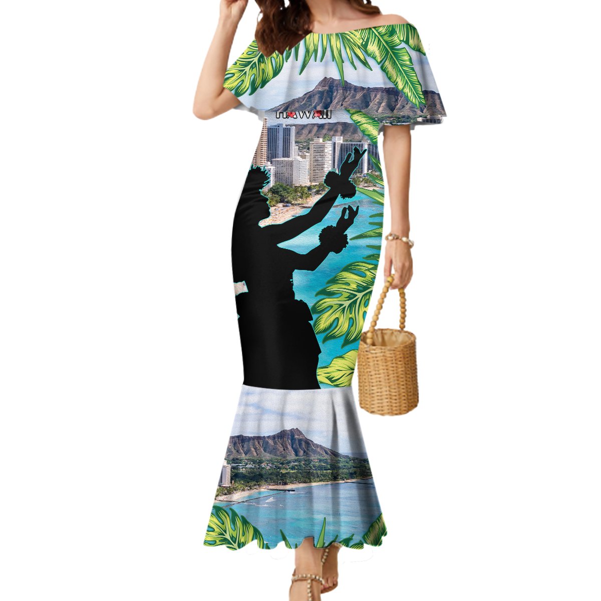 Personalised Honolulu Aloha Hawaii Mermaid Dress Tropical Leaves With Hula Girl LT14 Women Blue - Polynesian Pride