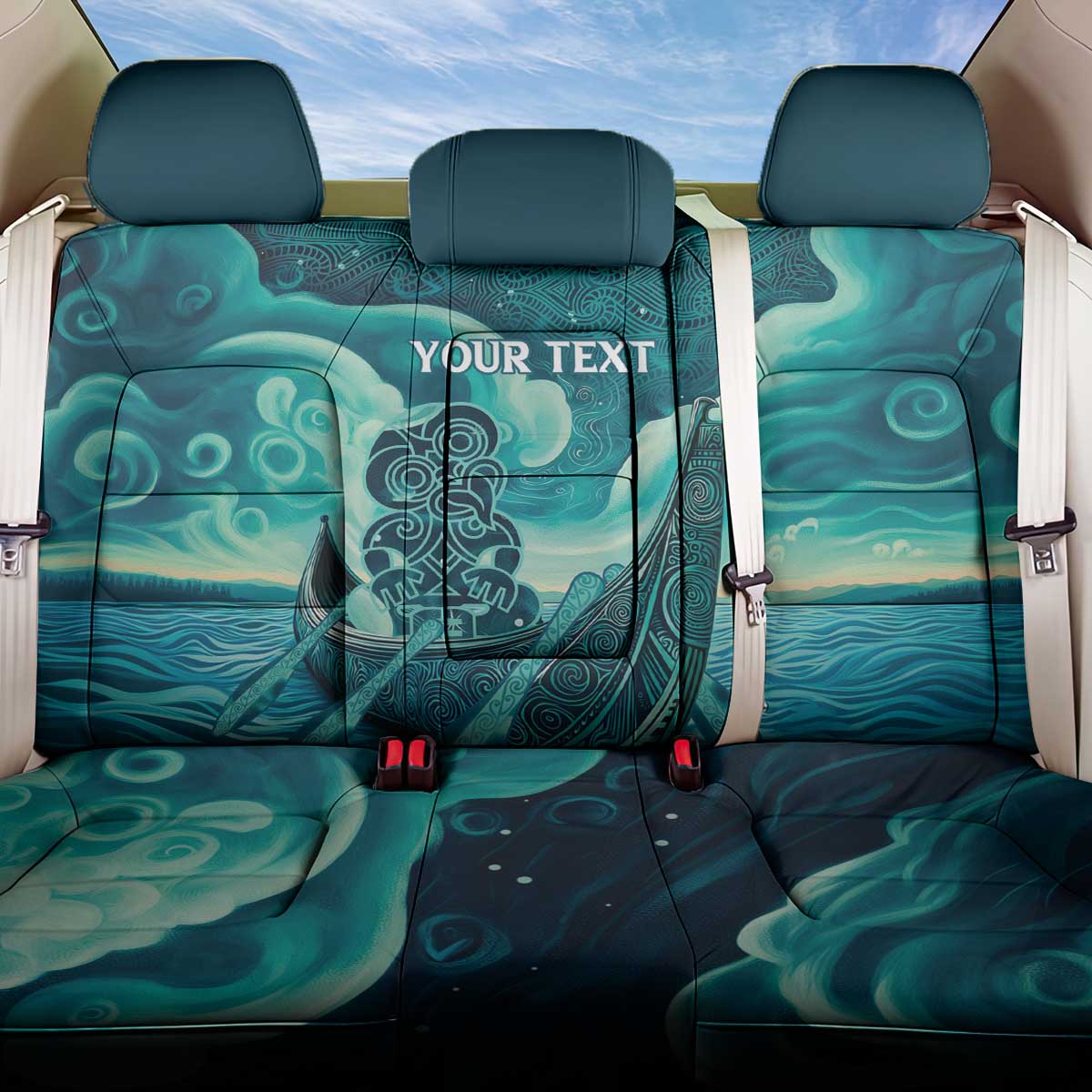 Personalised New Zealand Waitangi Day Back Car Seat Cover Hei Tiki With Maori Waka - Whakarare Pattern LT14 One Size Dark Cyan - Polynesian Pride