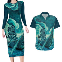 Personalised New Zealand Waitangi Day Couples Matching Long Sleeve Bodycon Dress and Hawaiian Shirt Hei Tiki With Maori Waka - Whakarare Pattern LT14 Dark Cyan - Polynesian Pride