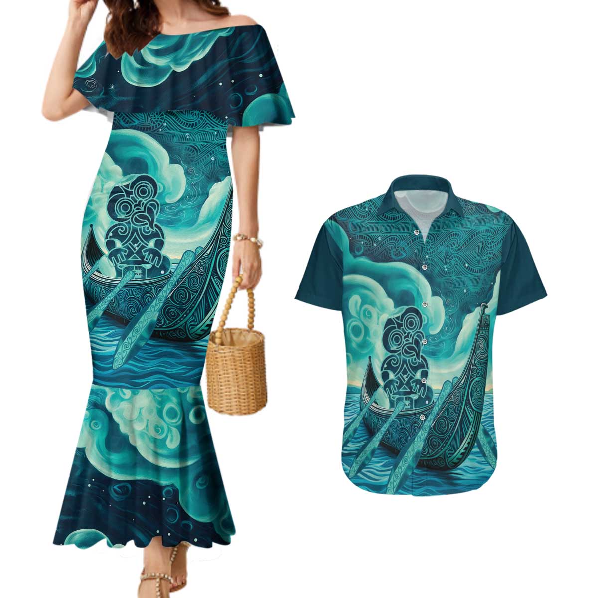 Personalised New Zealand Waitangi Day Couples Matching Mermaid Dress and Hawaiian Shirt Hei Tiki With Maori Waka - Whakarare Pattern LT14 Dark Cyan - Polynesian Pride