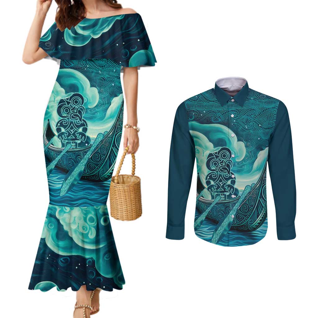 Personalised New Zealand Waitangi Day Couples Matching Mermaid Dress and Long Sleeve Button Shirt Hei Tiki With Maori Waka - Whakarare Pattern LT14 Dark Cyan - Polynesian Pride