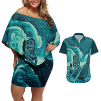 Personalised New Zealand Waitangi Day Couples Matching Off Shoulder Short Dress and Hawaiian Shirt Hei Tiki With Maori Waka - Whakarare Pattern LT14 Dark Cyan - Polynesian Pride