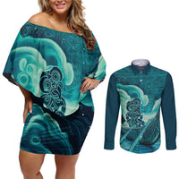 Personalised New Zealand Waitangi Day Couples Matching Off Shoulder Short Dress and Long Sleeve Button Shirt Hei Tiki With Maori Waka - Whakarare Pattern LT14 Dark Cyan - Polynesian Pride