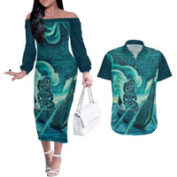 Personalised New Zealand Waitangi Day Couples Matching Off The Shoulder Long Sleeve Dress and Hawaiian Shirt Hei Tiki With Maori Waka - Whakarare Pattern LT14 Dark Cyan - Polynesian Pride