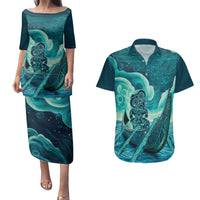 Personalised New Zealand Waitangi Day Couples Matching Puletasi and Hawaiian Shirt Hei Tiki With Maori Waka - Whakarare Pattern LT14 Dark Cyan - Polynesian Pride