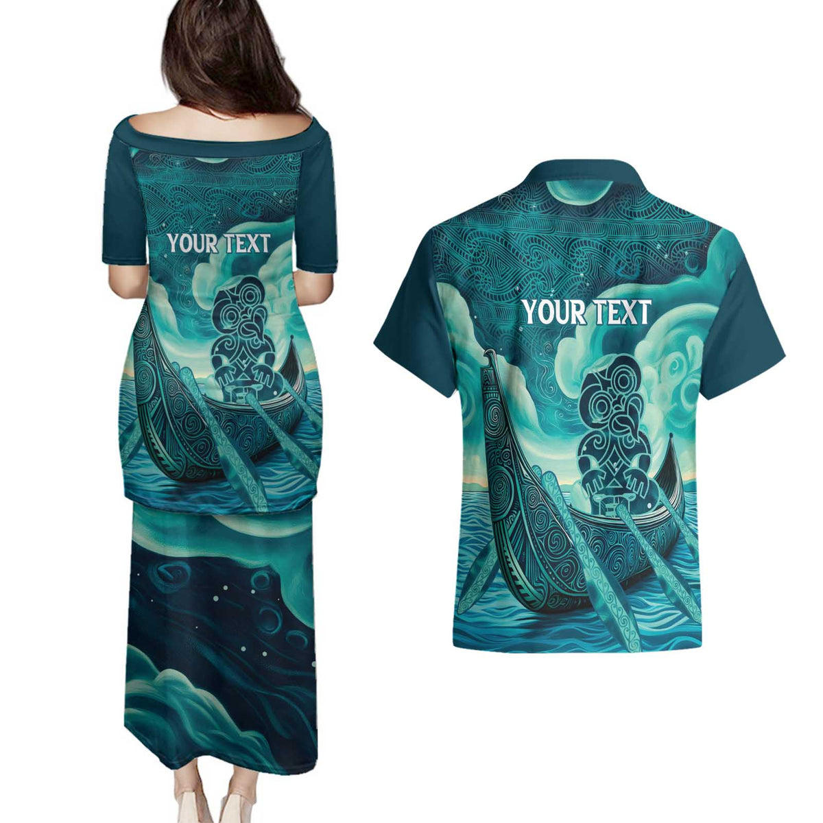 Personalised New Zealand Waitangi Day Couples Matching Puletasi and Hawaiian Shirt Hei Tiki With Maori Waka - Whakarare Pattern LT14 - Polynesian Pride