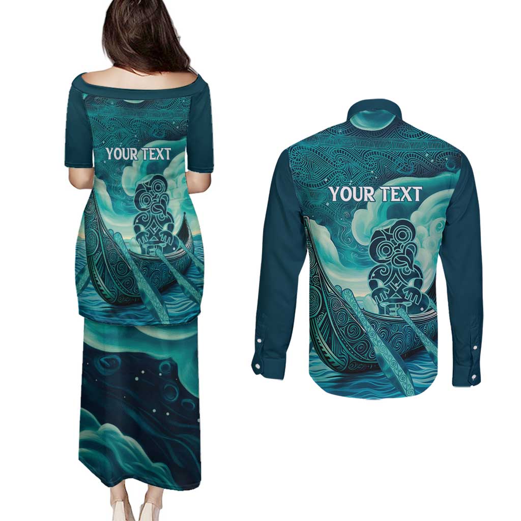 Personalised New Zealand Waitangi Day Couples Matching Puletasi and Long Sleeve Button Shirt Hei Tiki With Maori Waka - Whakarare Pattern LT14 - Polynesian Pride
