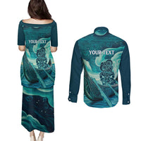 Personalised New Zealand Waitangi Day Couples Matching Puletasi and Long Sleeve Button Shirt Hei Tiki With Maori Waka - Whakarare Pattern LT14 - Polynesian Pride