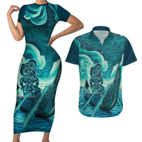 Personalised New Zealand Waitangi Day Couples Matching Short Sleeve Bodycon Dress and Hawaiian Shirt Hei Tiki With Maori Waka - Whakarare Pattern LT14 Dark Cyan - Polynesian Pride