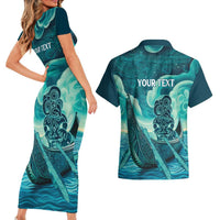 Personalised New Zealand Waitangi Day Couples Matching Short Sleeve Bodycon Dress and Hawaiian Shirt Hei Tiki With Maori Waka - Whakarare Pattern LT14 - Polynesian Pride