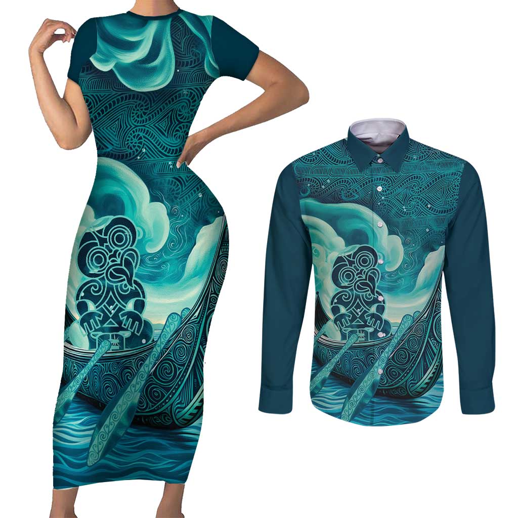 Personalised New Zealand Waitangi Day Couples Matching Short Sleeve Bodycon Dress and Long Sleeve Button Shirt Hei Tiki With Maori Waka - Whakarare Pattern LT14 Dark Cyan - Polynesian Pride
