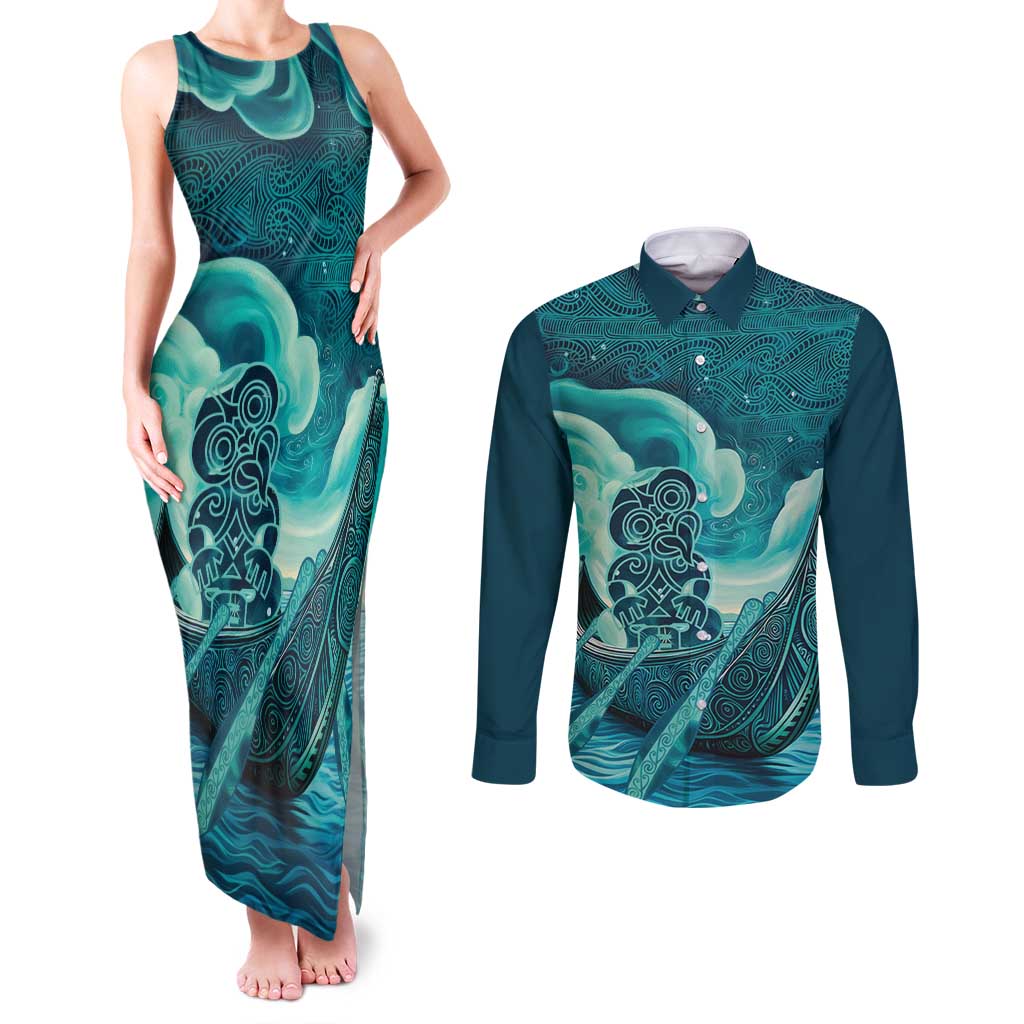 Personalised New Zealand Waitangi Day Couples Matching Tank Maxi Dress and Long Sleeve Button Shirt Hei Tiki With Maori Waka - Whakarare Pattern LT14 Dark Cyan - Polynesian Pride