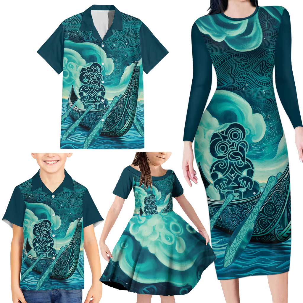 Personalised New Zealand Waitangi Day Family Matching Long Sleeve Bodycon Dress and Hawaiian Shirt Hei Tiki With Maori Waka - Whakarare Pattern LT14 - Polynesian Pride