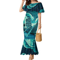 Personalised New Zealand Waitangi Day Family Matching Mermaid Dress and Hawaiian Shirt Hei Tiki With Maori Waka - Whakarare Pattern LT14 Mom's Dress Dark Cyan - Polynesian Pride