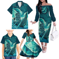 Personalised New Zealand Waitangi Day Family Matching Off The Shoulder Long Sleeve Dress and Hawaiian Shirt Hei Tiki With Maori Waka - Whakarare Pattern LT14 - Polynesian Pride