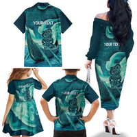 Personalised New Zealand Waitangi Day Family Matching Off The Shoulder Long Sleeve Dress and Hawaiian Shirt Hei Tiki With Maori Waka - Whakarare Pattern LT14 - Polynesian Pride