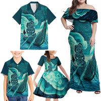 Personalised New Zealand Waitangi Day Family Matching Off Shoulder Maxi Dress and Hawaiian Shirt Hei Tiki With Maori Waka - Whakarare Pattern LT14 - Polynesian Pride