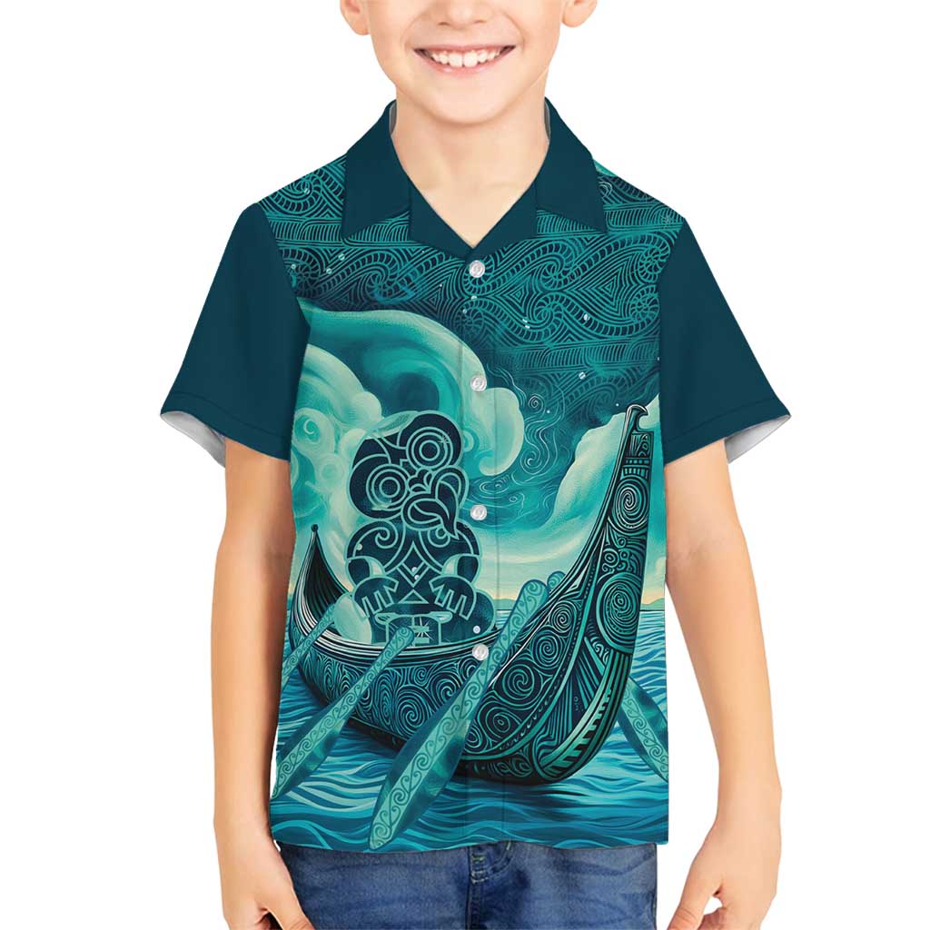 Personalised New Zealand Waitangi Day Family Matching Off Shoulder Maxi Dress and Hawaiian Shirt Hei Tiki With Maori Waka - Whakarare Pattern LT14 Son's Shirt Dark Cyan - Polynesian Pride