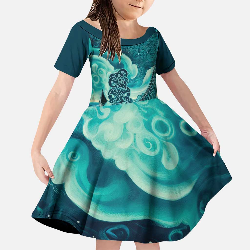 Personalised New Zealand Waitangi Day Family Matching Puletasi and Hawaiian Shirt Hei Tiki With Maori Waka - Whakarare Pattern LT14 Daughter's Dress Dark Cyan - Polynesian Pride