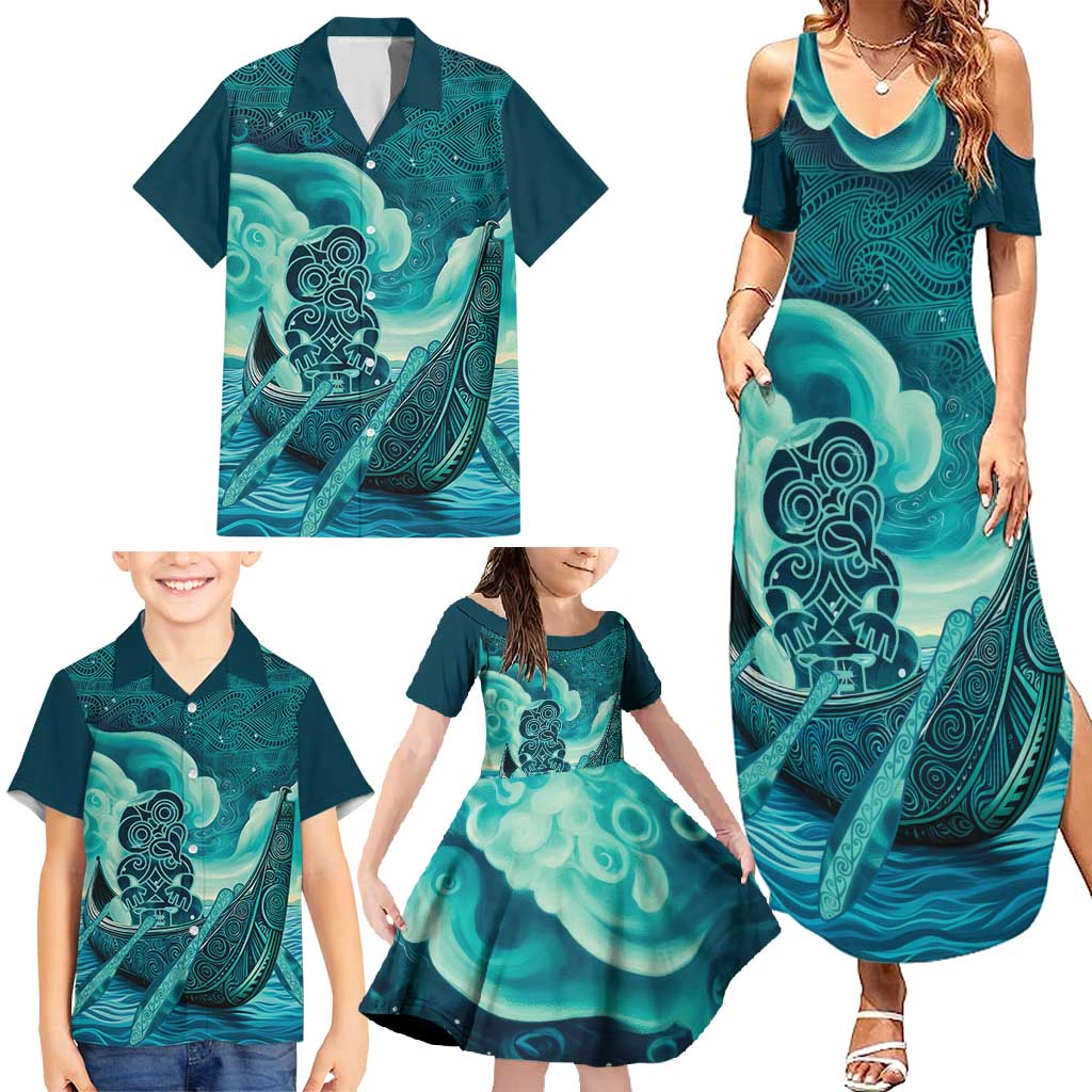 Personalised New Zealand Waitangi Day Family Matching Summer Maxi Dress and Hawaiian Shirt Hei Tiki With Maori Waka - Whakarare Pattern LT14 - Polynesian Pride