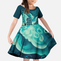 Personalised New Zealand Waitangi Day Family Matching Tank Maxi Dress and Hawaiian Shirt Hei Tiki With Maori Waka - Whakarare Pattern LT14 Daughter's Dress Dark Cyan - Polynesian Pride