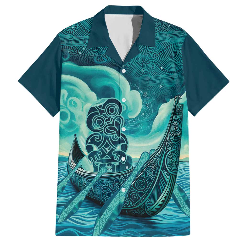 Personalised New Zealand Waitangi Day Hawaiian Shirt Hei Tiki With Maori Waka - Whakarare Pattern LT14 Dark Cyan - Polynesian Pride