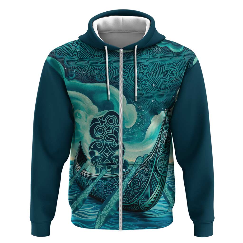 Personalised New Zealand Waitangi Day Hoodie Hei Tiki With Maori Waka - Whakarare Pattern LT14 Zip Hoodie Dark Cyan - Polynesian Pride
