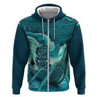 Personalised New Zealand Waitangi Day Hoodie Hei Tiki With Maori Waka - Whakarare Pattern LT14 Zip Hoodie Dark Cyan - Polynesian Pride