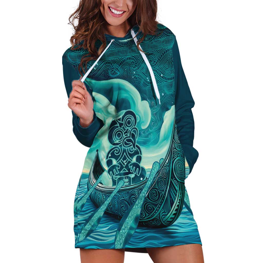 Personalised New Zealand Waitangi Day Hoodie Dress Hei Tiki With Maori Waka - Whakarare Pattern LT14 Dark Cyan - Polynesian Pride