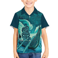 Personalised New Zealand Waitangi Day Kid Hawaiian Shirt Hei Tiki With Maori Waka - Whakarare Pattern LT14 Kid Dark Cyan - Polynesian Pride