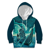 Personalised New Zealand Waitangi Day Kid Hoodie Hei Tiki With Maori Waka - Whakarare Pattern LT14 Hoodie Dark Cyan - Polynesian Pride