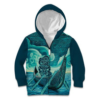 Personalised New Zealand Waitangi Day Kid Hoodie Hei Tiki With Maori Waka - Whakarare Pattern LT14 Zip Hoodie Dark Cyan - Polynesian Pride