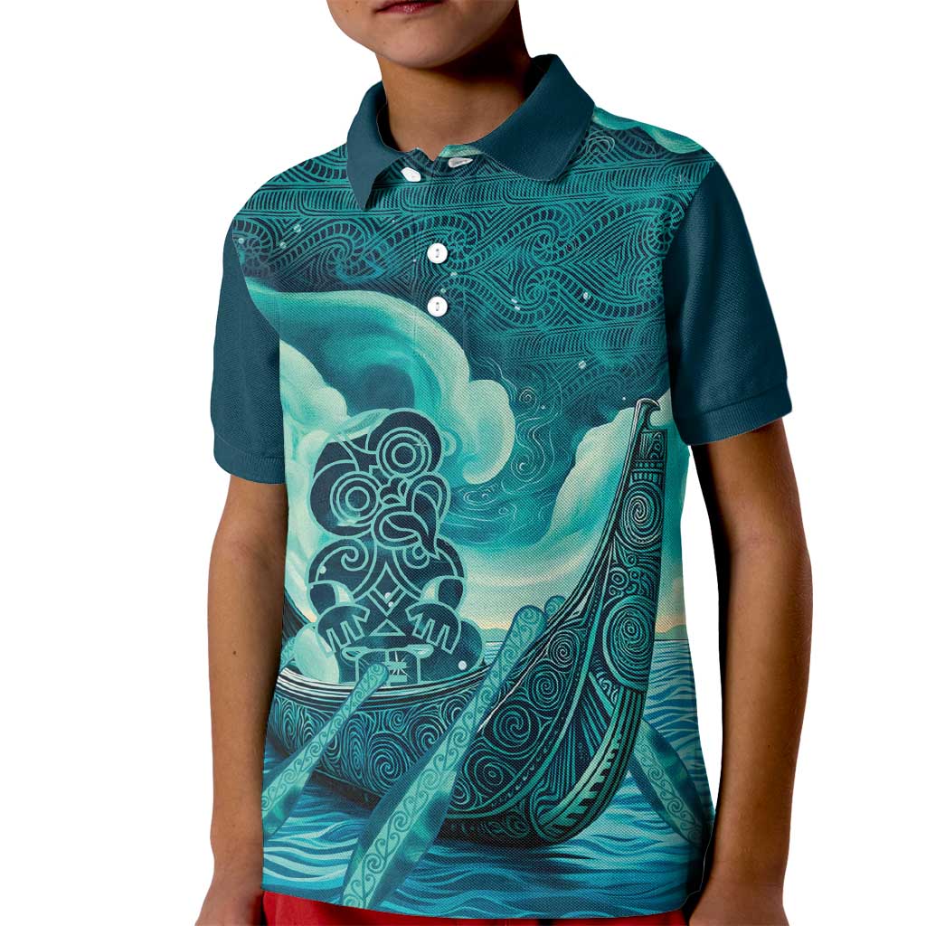 Personalised New Zealand Waitangi Day Kid Polo Shirt Hei Tiki With Maori Waka - Whakarare Pattern LT14 Kid Dark Cyan - Polynesian Pride