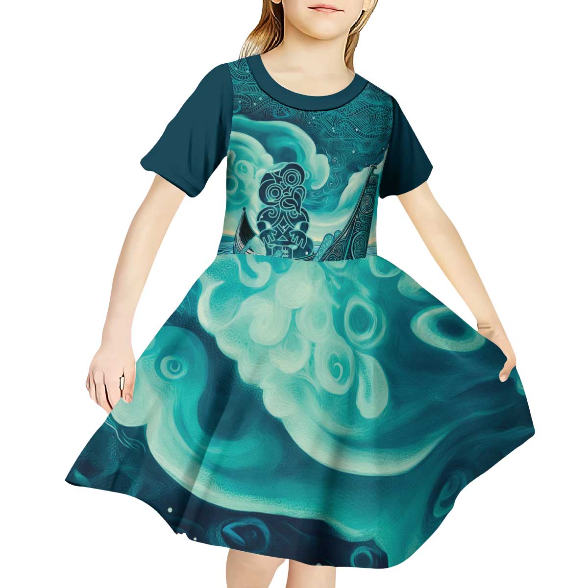 Personalised New Zealand Waitangi Day Kid Short Sleeve Dress Hei Tiki With Maori Waka - Whakarare Pattern LT14 - Polynesian Pride