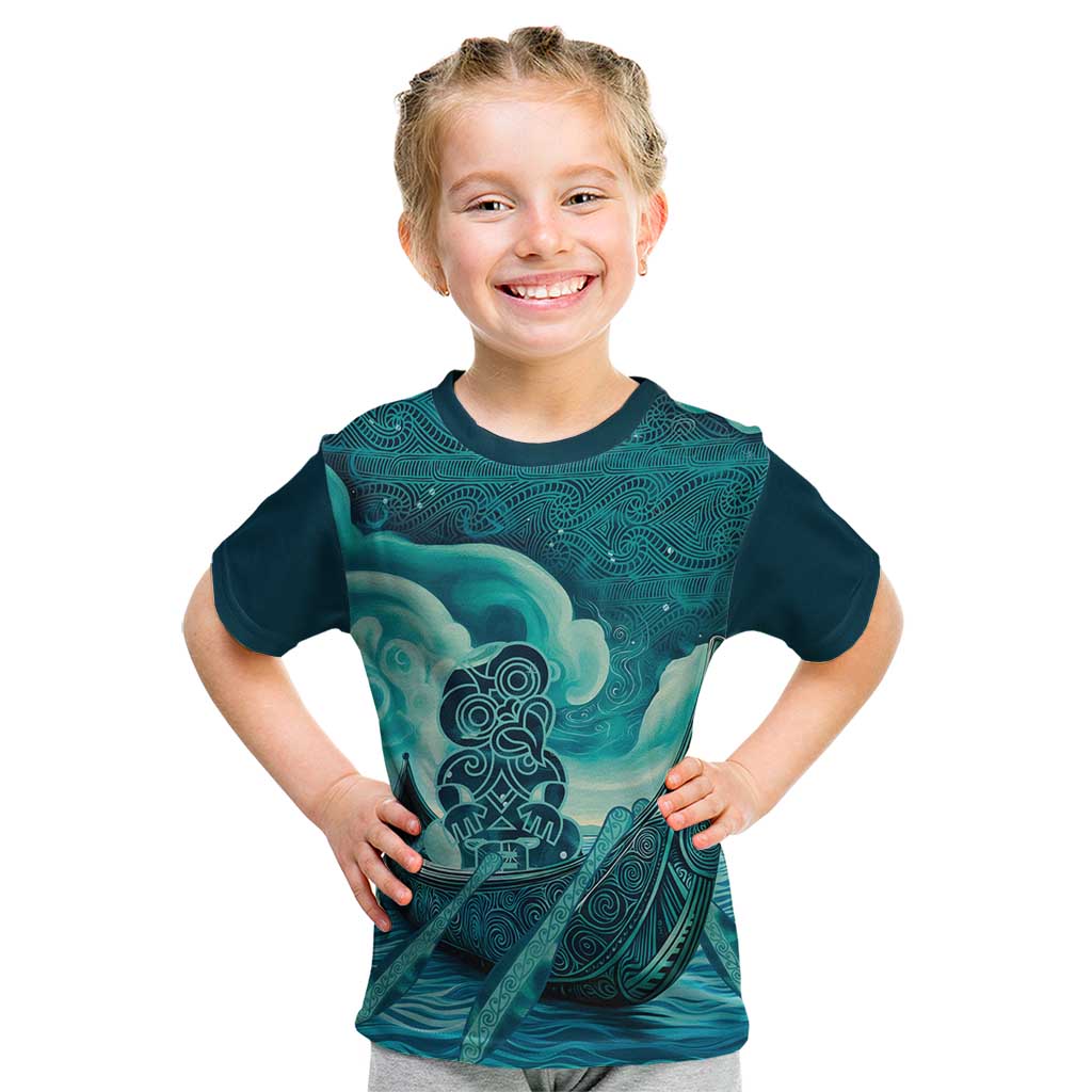 Personalised New Zealand Waitangi Day Kid T Shirt Hei Tiki With Maori Waka - Whakarare Pattern LT14 Dark Cyan - Polynesian Pride