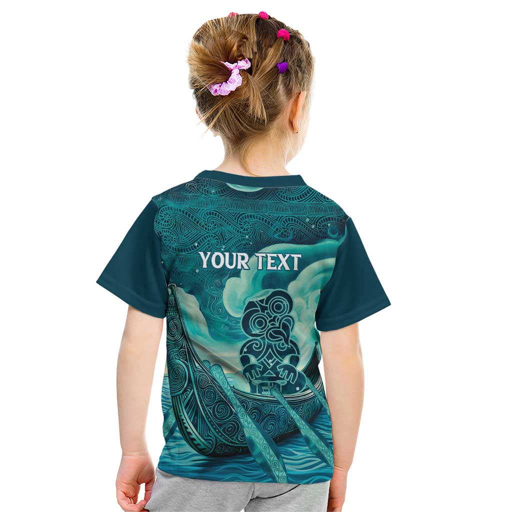 Personalised New Zealand Waitangi Day Kid T Shirt Hei Tiki With Maori Waka - Whakarare Pattern LT14 - Polynesian Pride