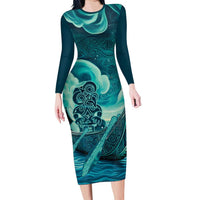 Personalised New Zealand Waitangi Day Long Sleeve Bodycon Dress Hei Tiki With Maori Waka - Whakarare Pattern LT14 Long Dress Dark Cyan - Polynesian Pride