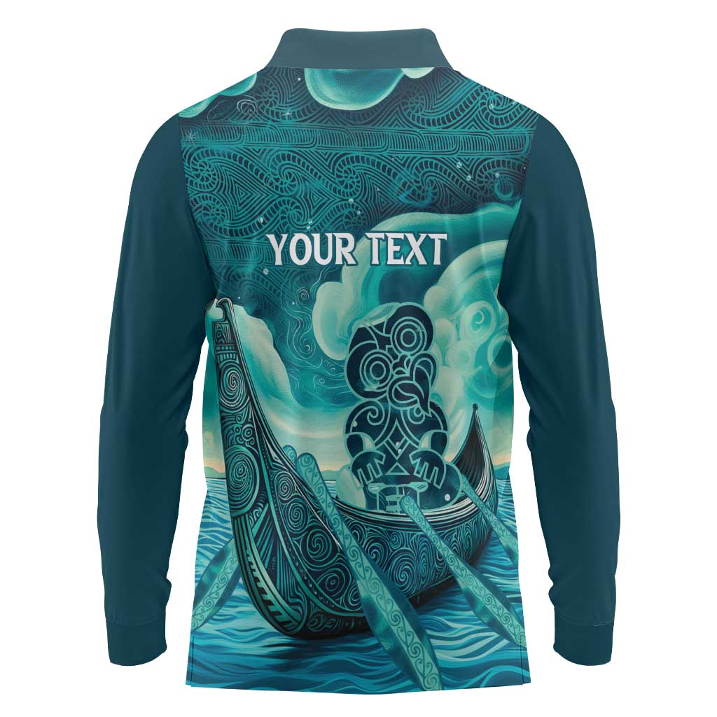 Personalised New Zealand Waitangi Day Long Sleeve Polo Shirt Hei Tiki With Maori Waka - Whakarare Pattern LT14 - Polynesian Pride