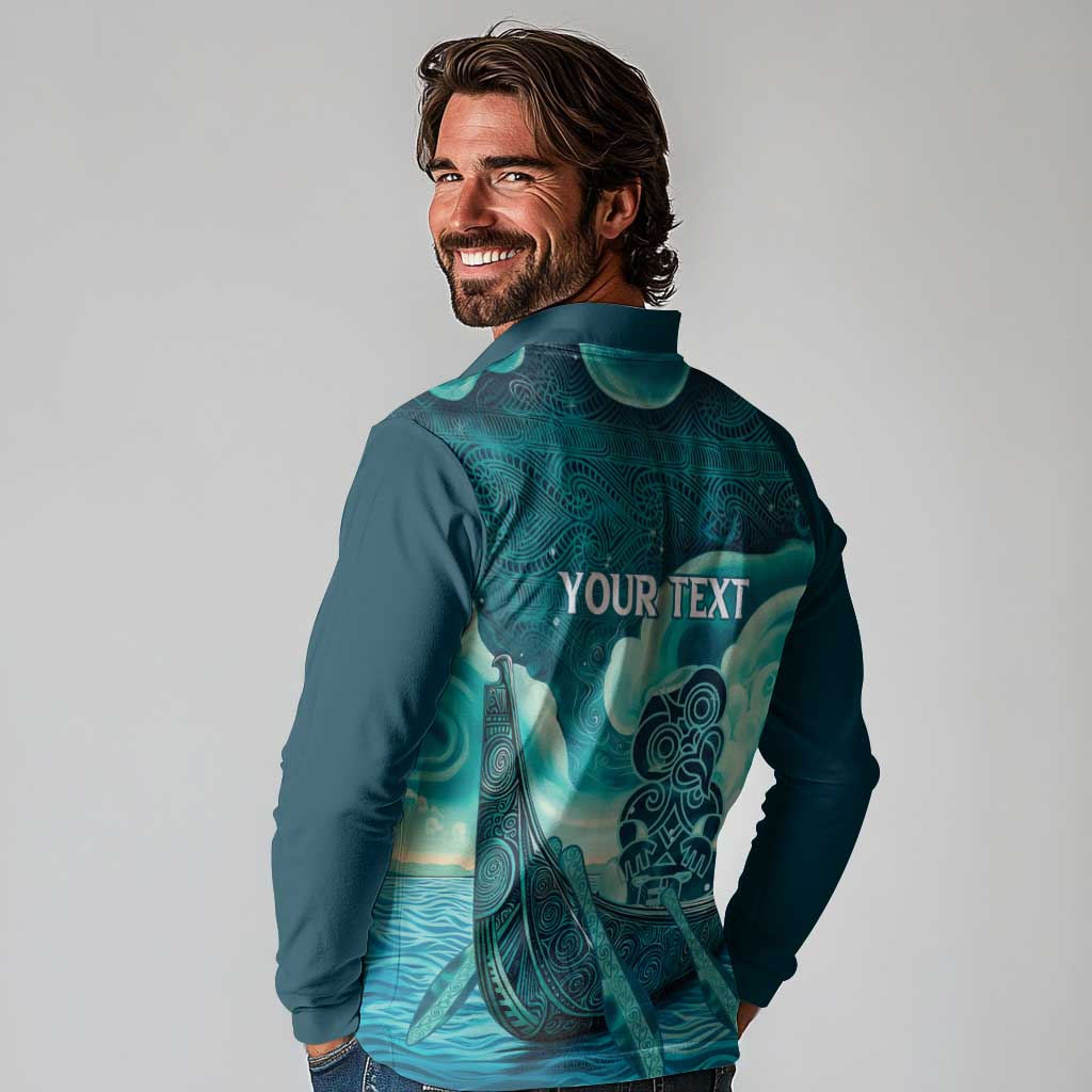 Personalised New Zealand Waitangi Day Long Sleeve Polo Shirt Hei Tiki With Maori Waka - Whakarare Pattern LT14 - Polynesian Pride