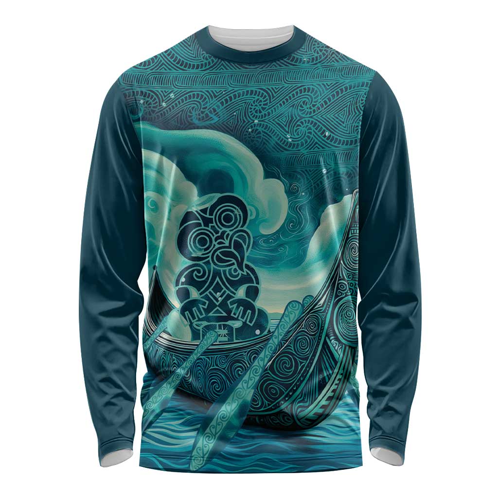 Personalised New Zealand Waitangi Day Long Sleeve Shirt Hei Tiki With Maori Waka - Whakarare Pattern LT14 Unisex Dark Cyan - Polynesian Pride