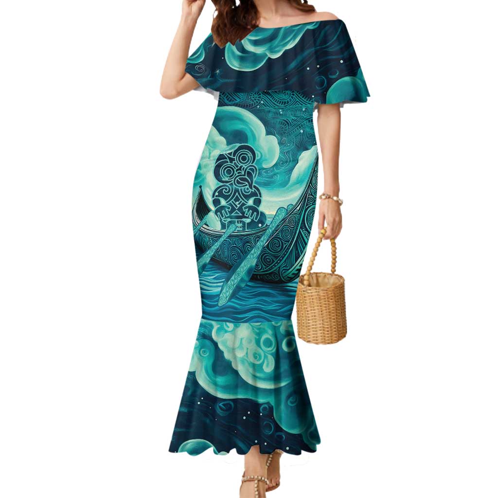 Personalised New Zealand Waitangi Day Mermaid Dress Hei Tiki With Maori Waka - Whakarare Pattern LT14 Women Dark Cyan - Polynesian Pride
