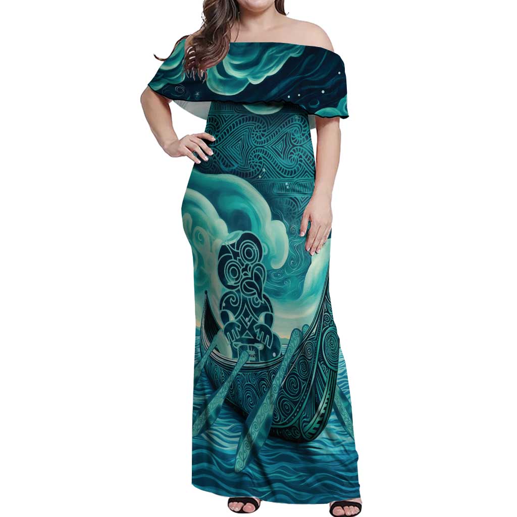 Personalised New Zealand Waitangi Day Off Shoulder Maxi Dress Hei Tiki With Maori Waka - Whakarare Pattern LT14 Women Dark Cyan - Polynesian Pride
