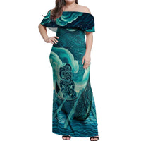 Personalised New Zealand Waitangi Day Off Shoulder Maxi Dress Hei Tiki With Maori Waka - Whakarare Pattern LT14 Women Dark Cyan - Polynesian Pride