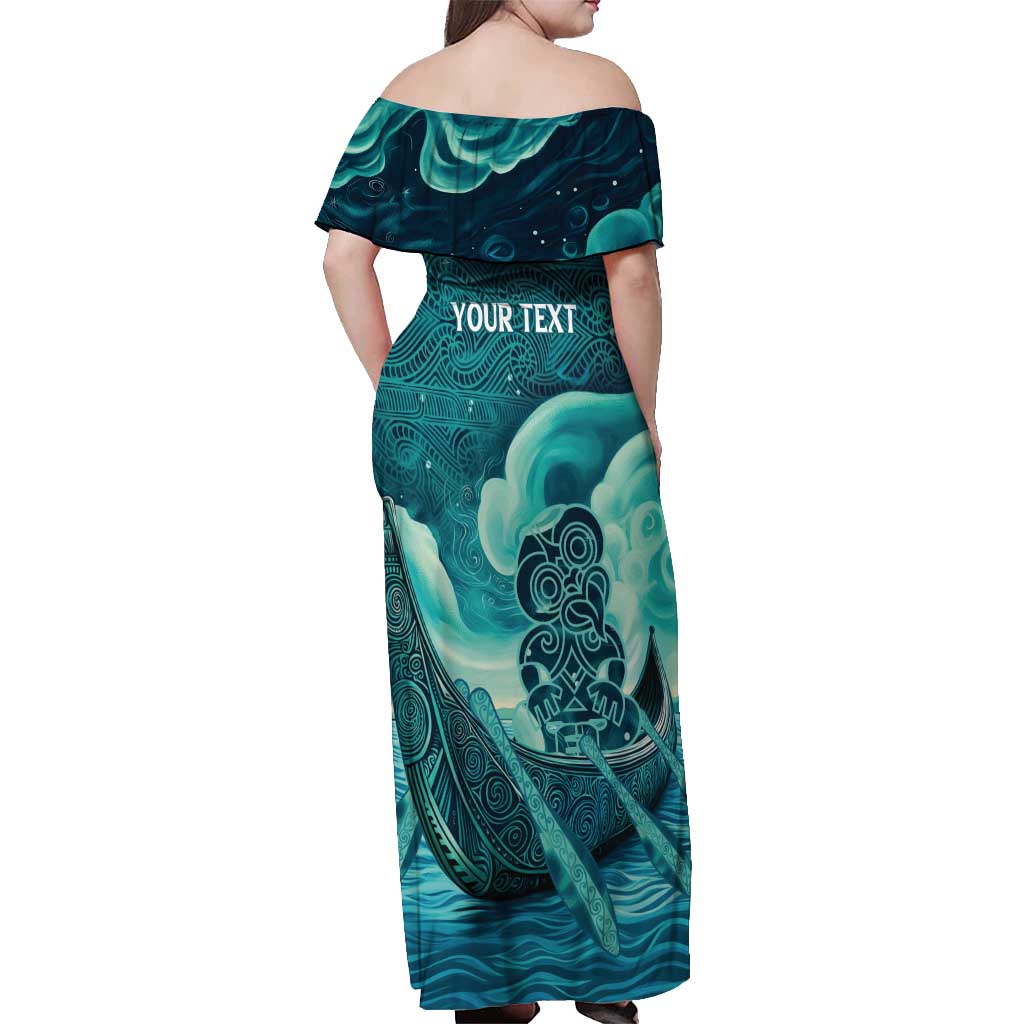 Personalised New Zealand Waitangi Day Off Shoulder Maxi Dress Hei Tiki With Maori Waka - Whakarare Pattern LT14 - Polynesian Pride