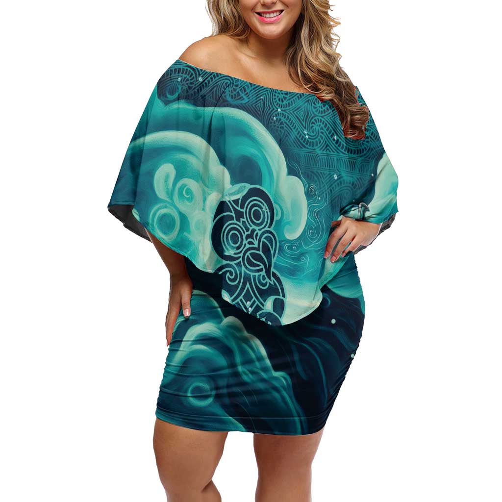 Personalised New Zealand Waitangi Day Off Shoulder Short Dress Hei Tiki With Maori Waka - Whakarare Pattern LT14 Women Dark Cyan - Polynesian Pride