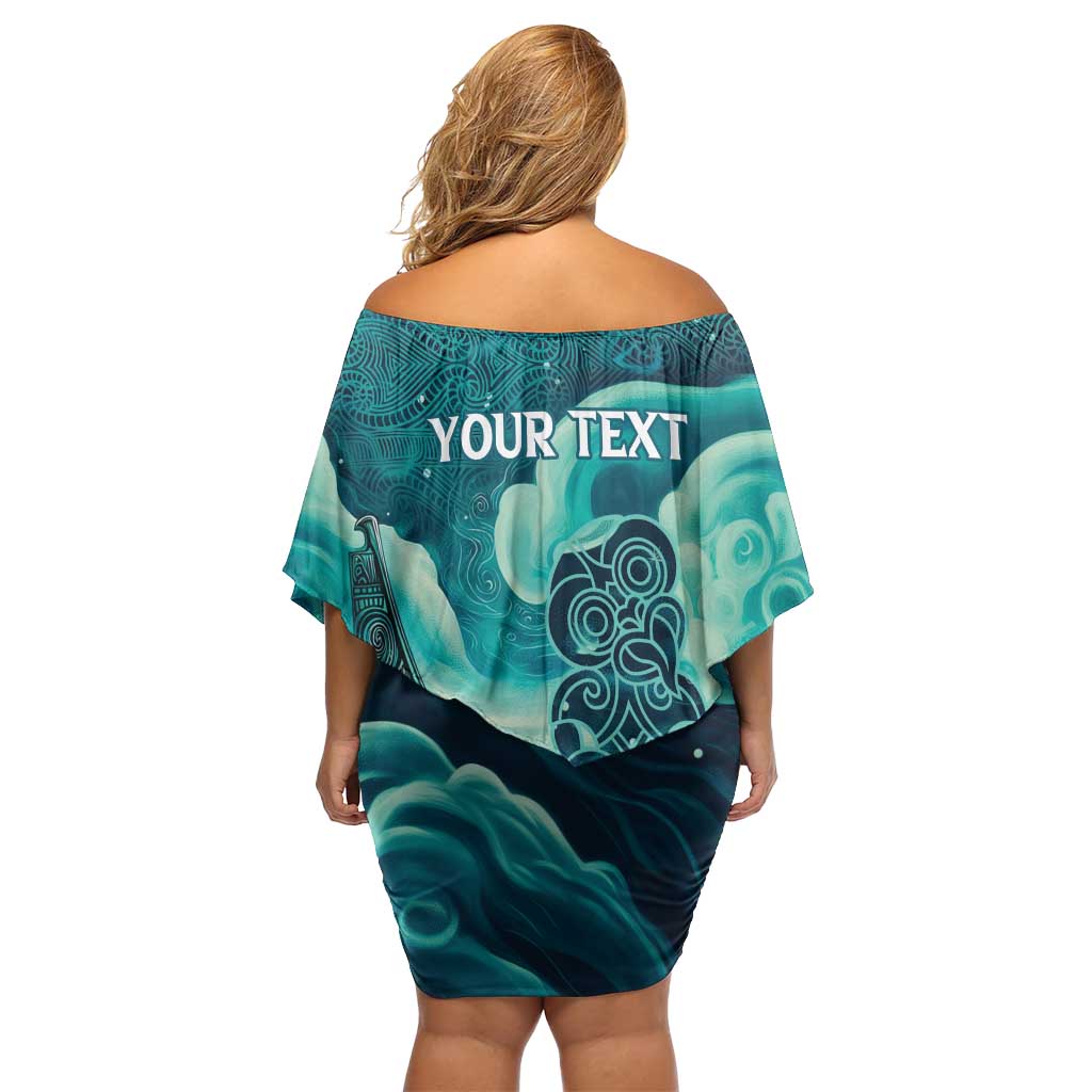 Personalised New Zealand Waitangi Day Off Shoulder Short Dress Hei Tiki With Maori Waka - Whakarare Pattern LT14 - Polynesian Pride